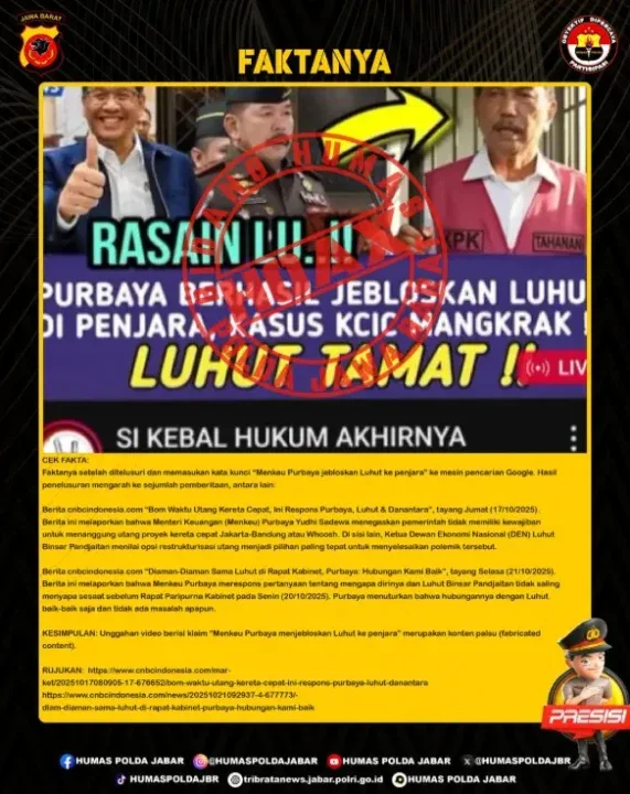 KLARIFIKASI HOAX – FABRICATED CONTENT [SALAH] Menkeu Purbaya Jebloskan Luhut ke Penjara